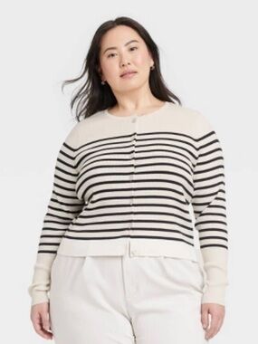 Women's Rib Cardigan - A New Day™ Cream/Black Striped 1X: Front Button Down